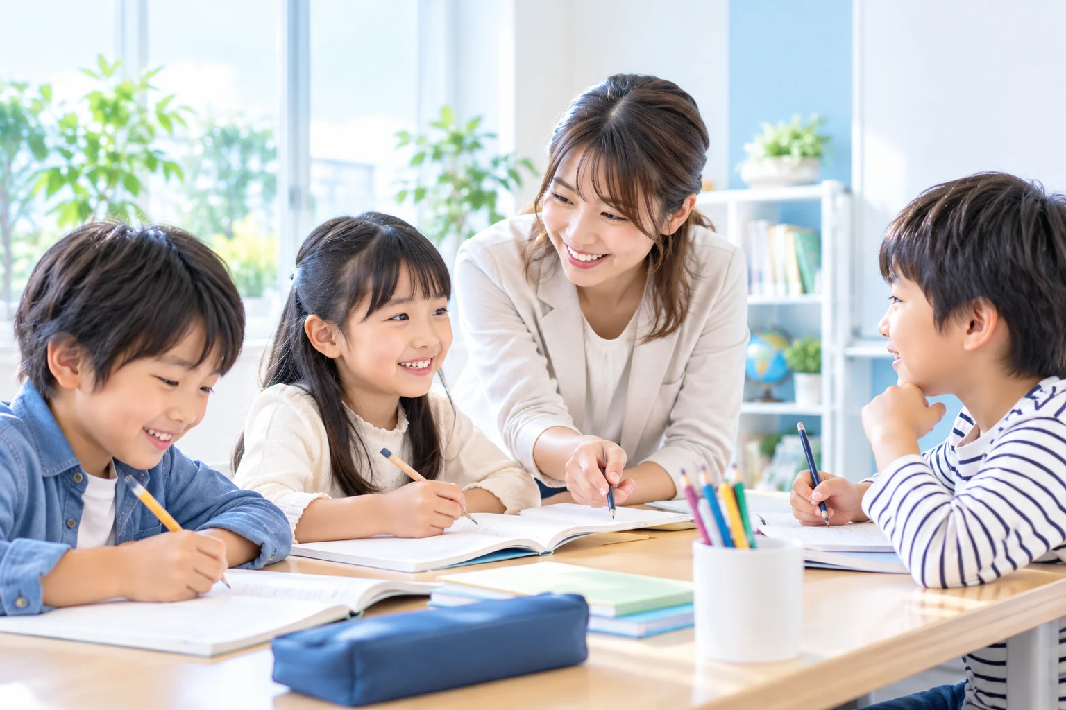 先生と小学生が学ぶ明るい少人数授業