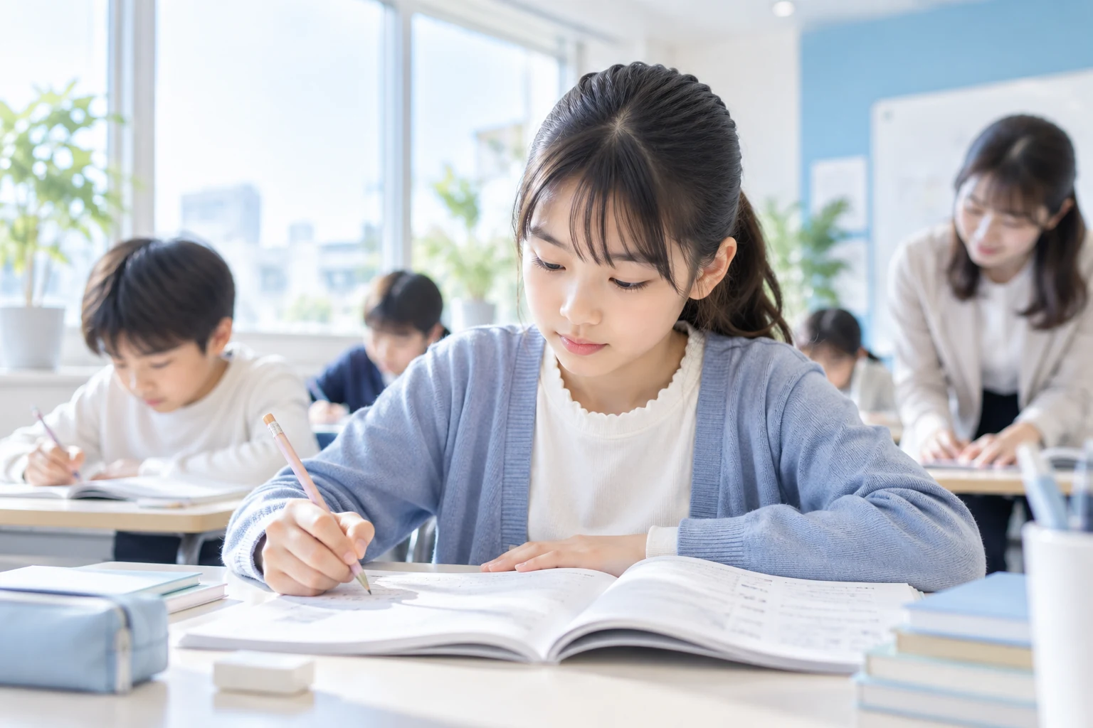 中学受験に向けて集中して問題に取り組む小学生
