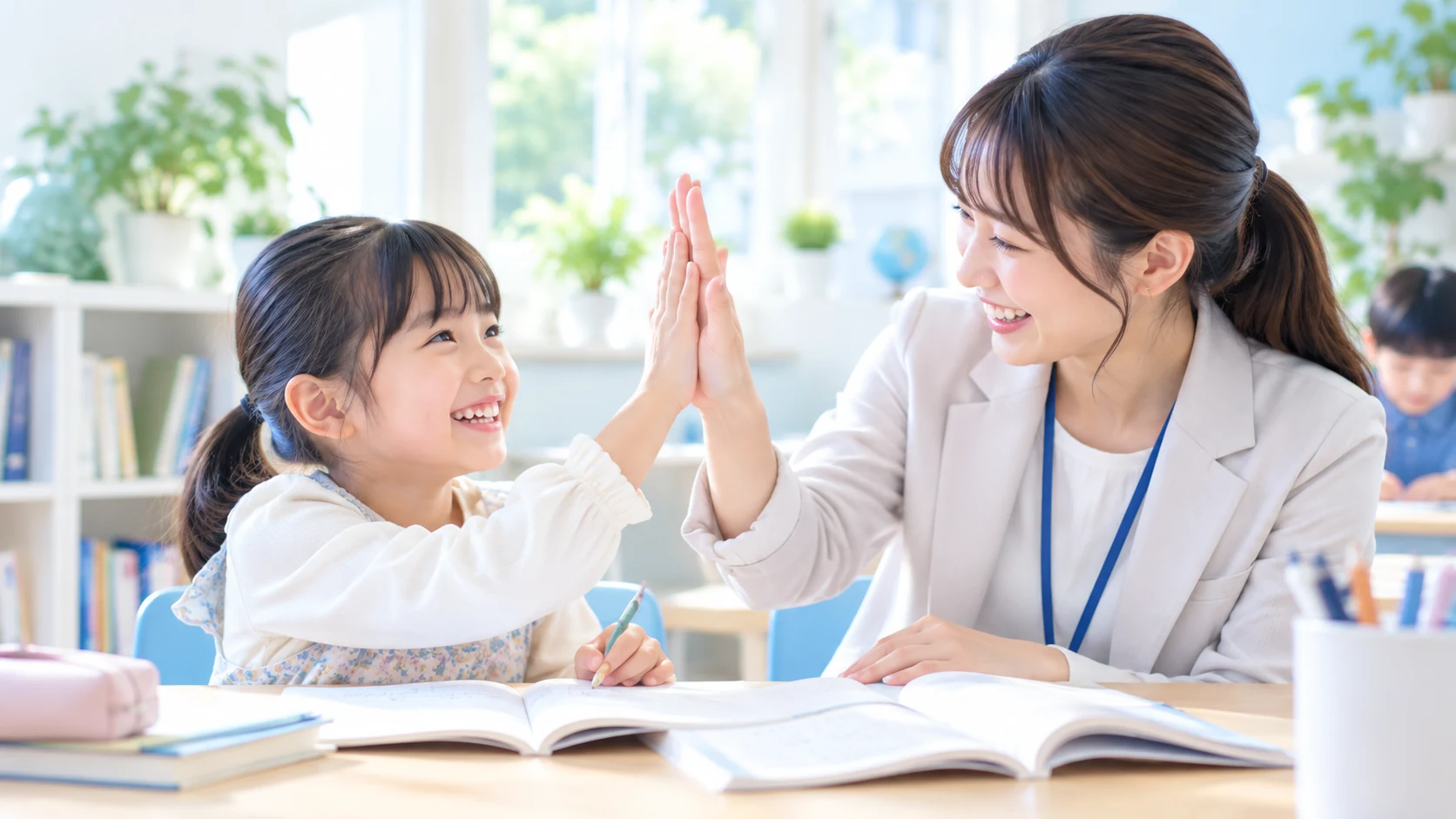 問題が解けて講師とハイタッチする小学生